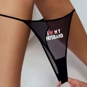 Plus Size - Black Semi-Sheer Thong "I Love My Husband" -